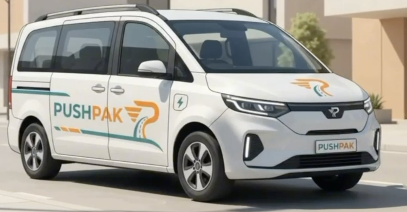 A Pushpak-branded electric shuttle on the road